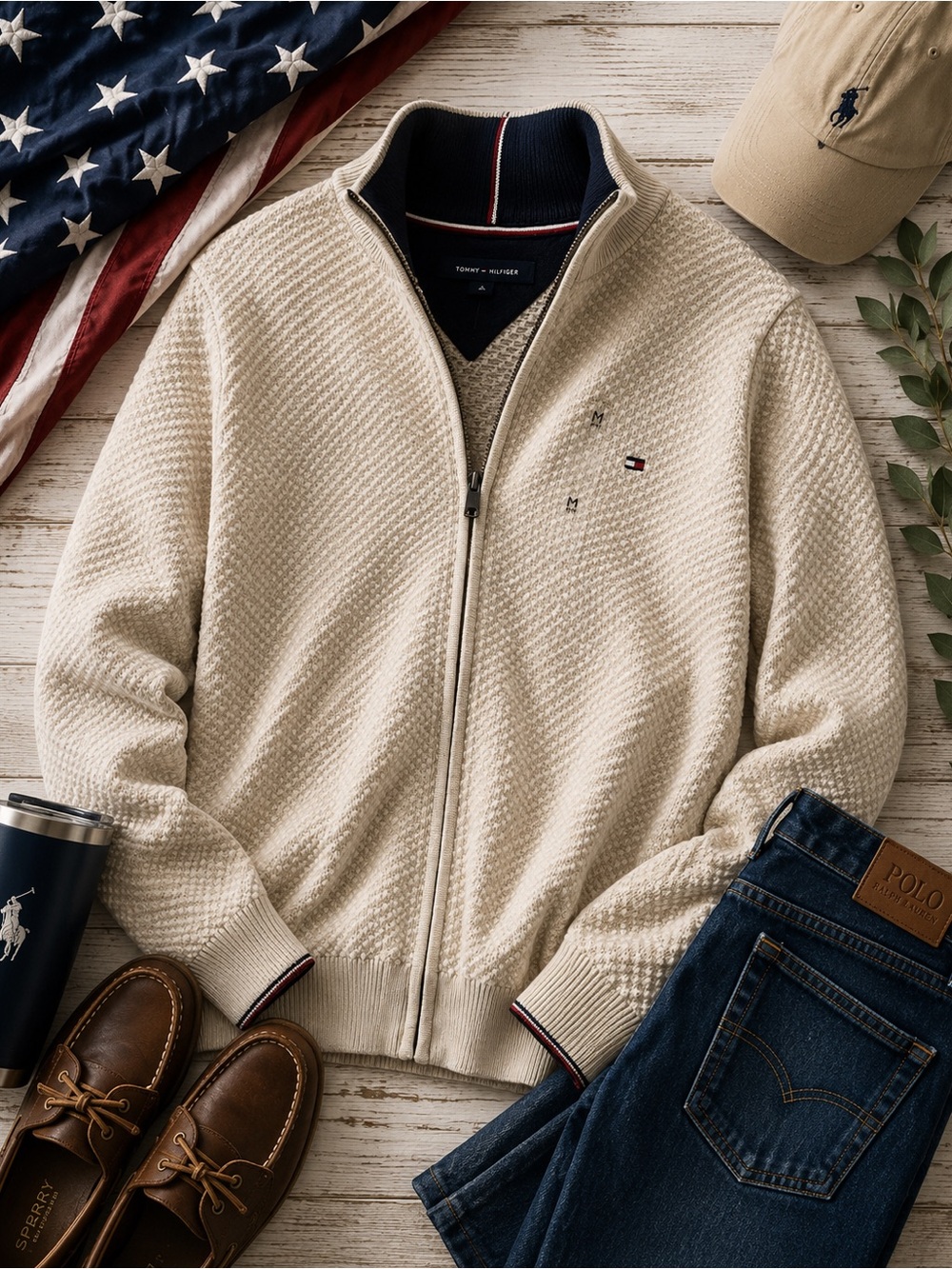 Tommy Hilfiger Men’s Cream Full‑Zip Textured Knit Sweater